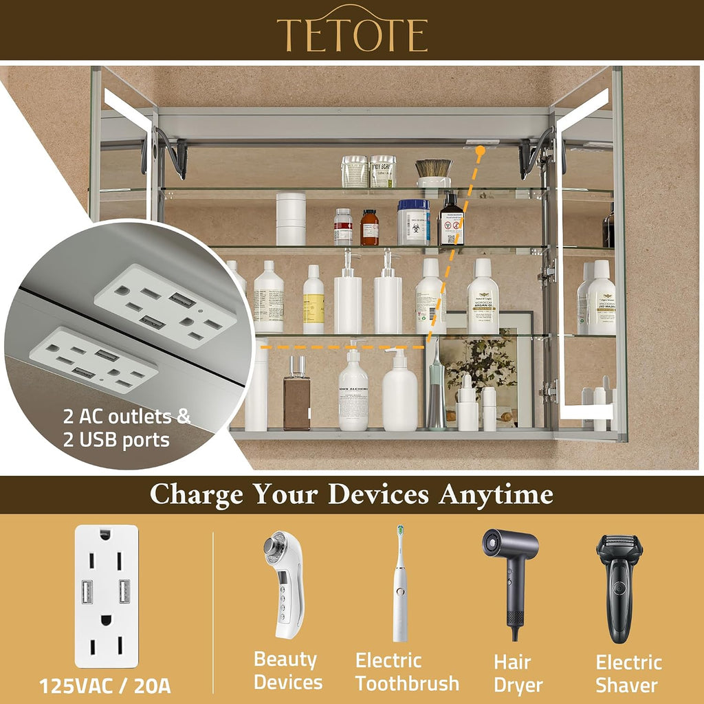 LED Lighted Medicine Cabinet with Lights 30 x 26 Recessed or Surface Mount Cabinet Mirror Wall, 2 Door Tempered Glass