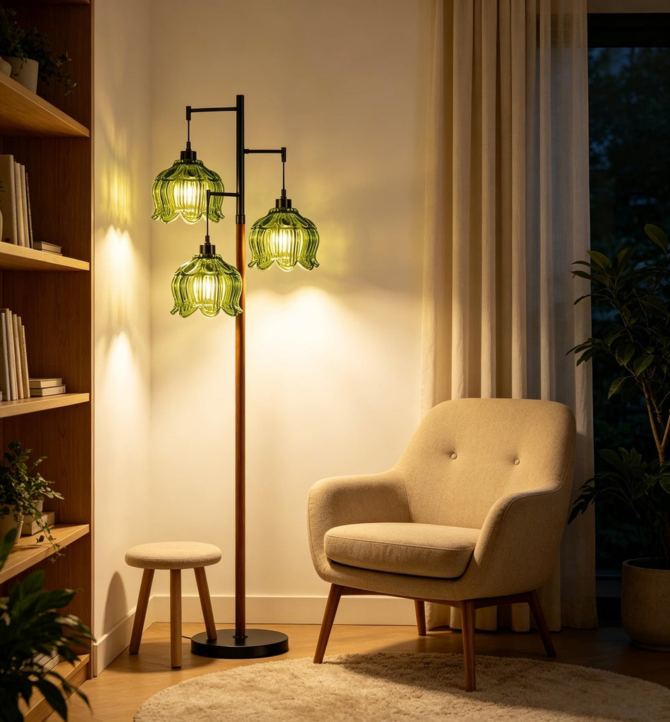 Glass Floor Lamp, Stained Green Mid Century Modern Standing Lamp Wood Tree 3 Light Tall Floor Lamps Vintage Retro