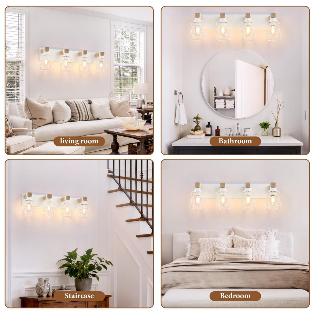 Farmhouse 4-Light Wood Bathroom Vanity Light, White Metal Cage Shade