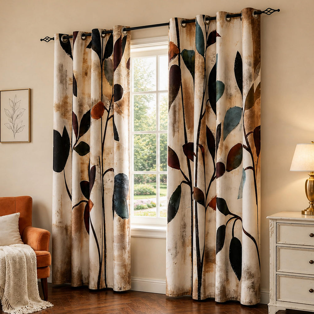 Brown Leaf Floral 84 Inch Curtains, 2 Panels