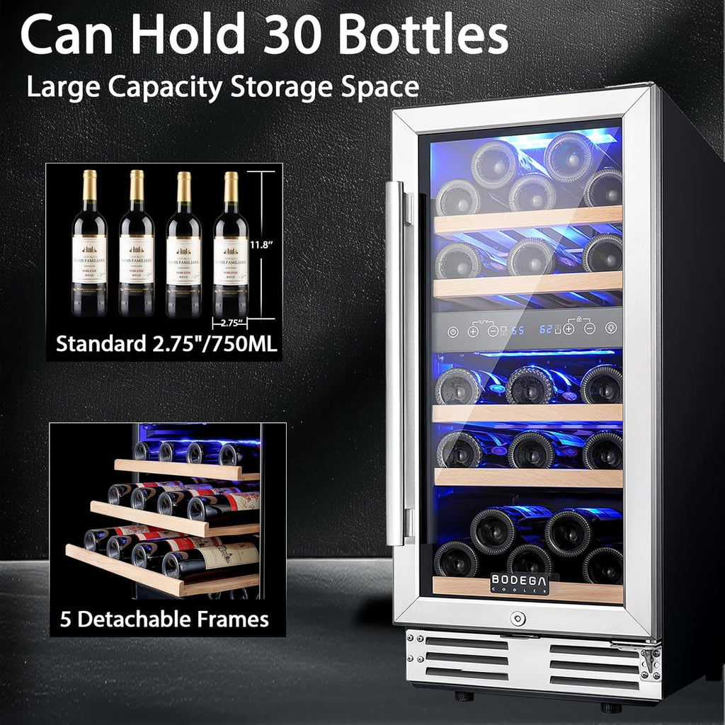 15” Wine Cooler, 30 Bottle Dual Zone Wine Fridge With Double-Layer Glass Door, F