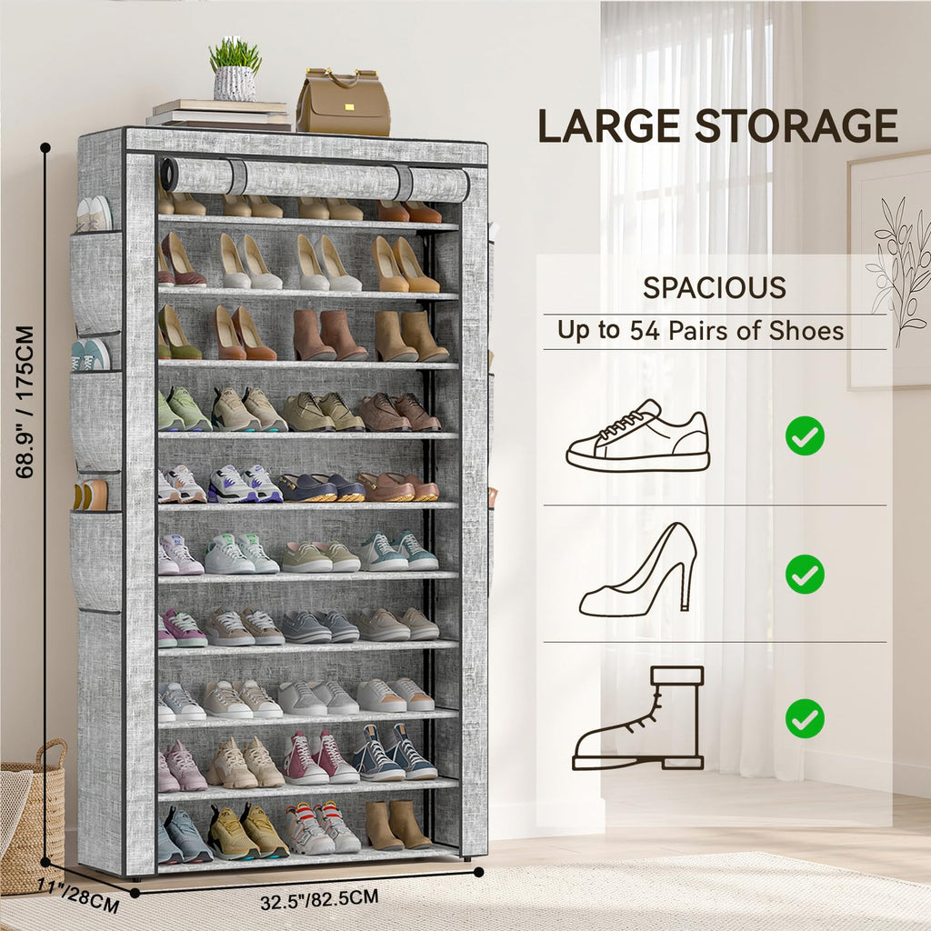 Shoe Rack Dustproof Sturdy 10Tier Tall Large Storage with Side Pocket