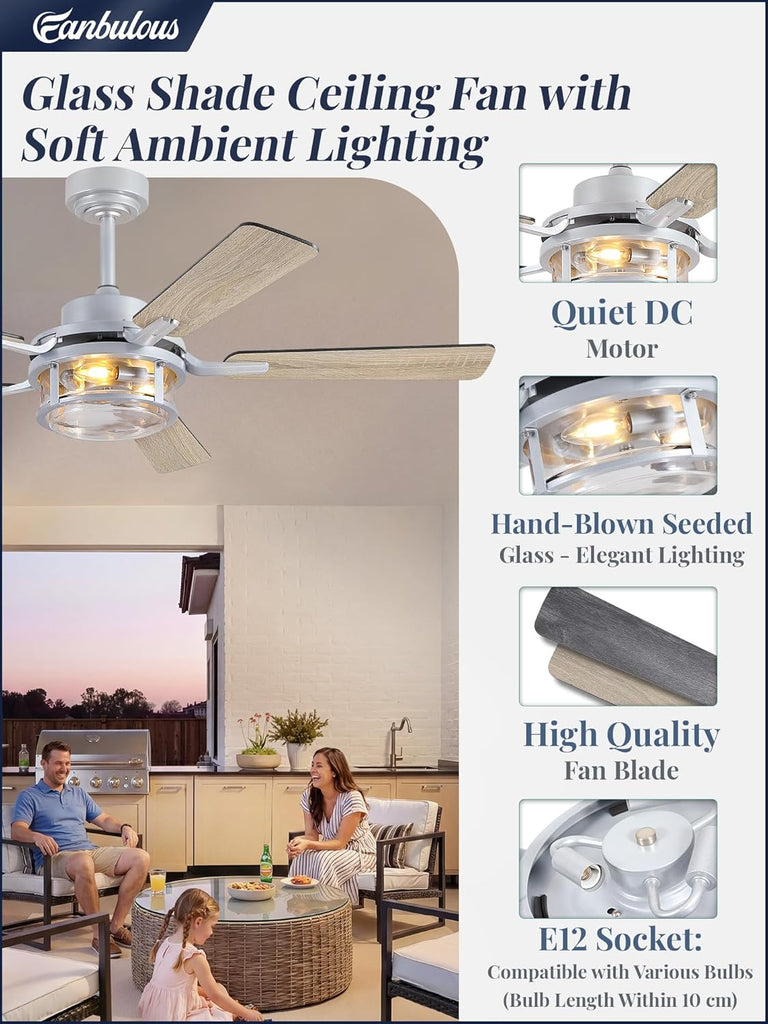 52 Inch Ceiling Fan with Light and Remote,Downrod Mount Farmhouse Ceiling Fan , Quiet 6-Speed Reversible DC Motor