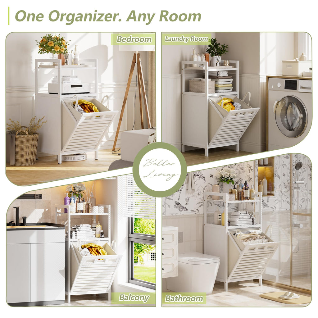 Bamboo Tilt Out Laundry Hamper Cabinet with Removable Bag, White