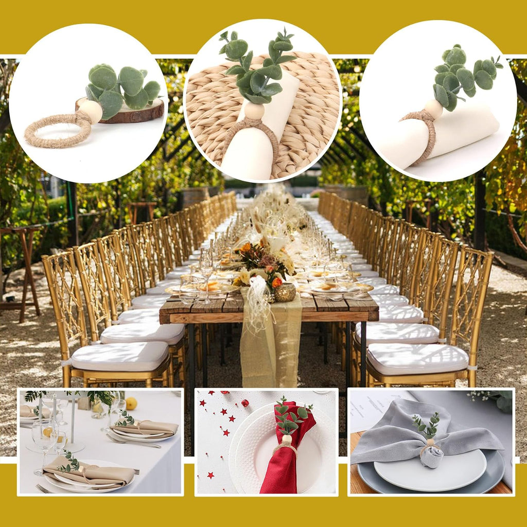 Napkin Rings with Artificial Eucalyptus Leaf Wood Bead Jute Rope for Christmas Farmhouse Wedding Home Dining - Set of 24