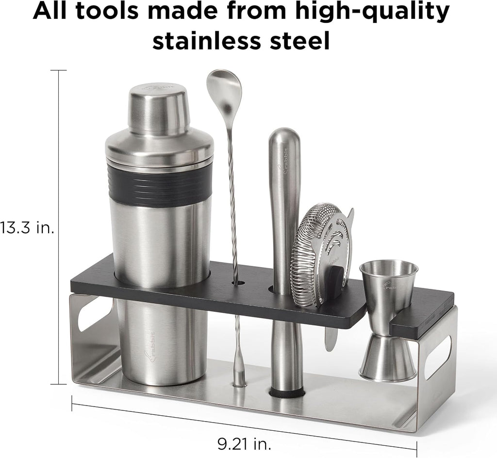 6-Piece Bar Tool Set - Stainless Steel Cocktail Shaker with Integrated Strainer, Muddler, Stir Spoon, Double Jigger - Set of 6