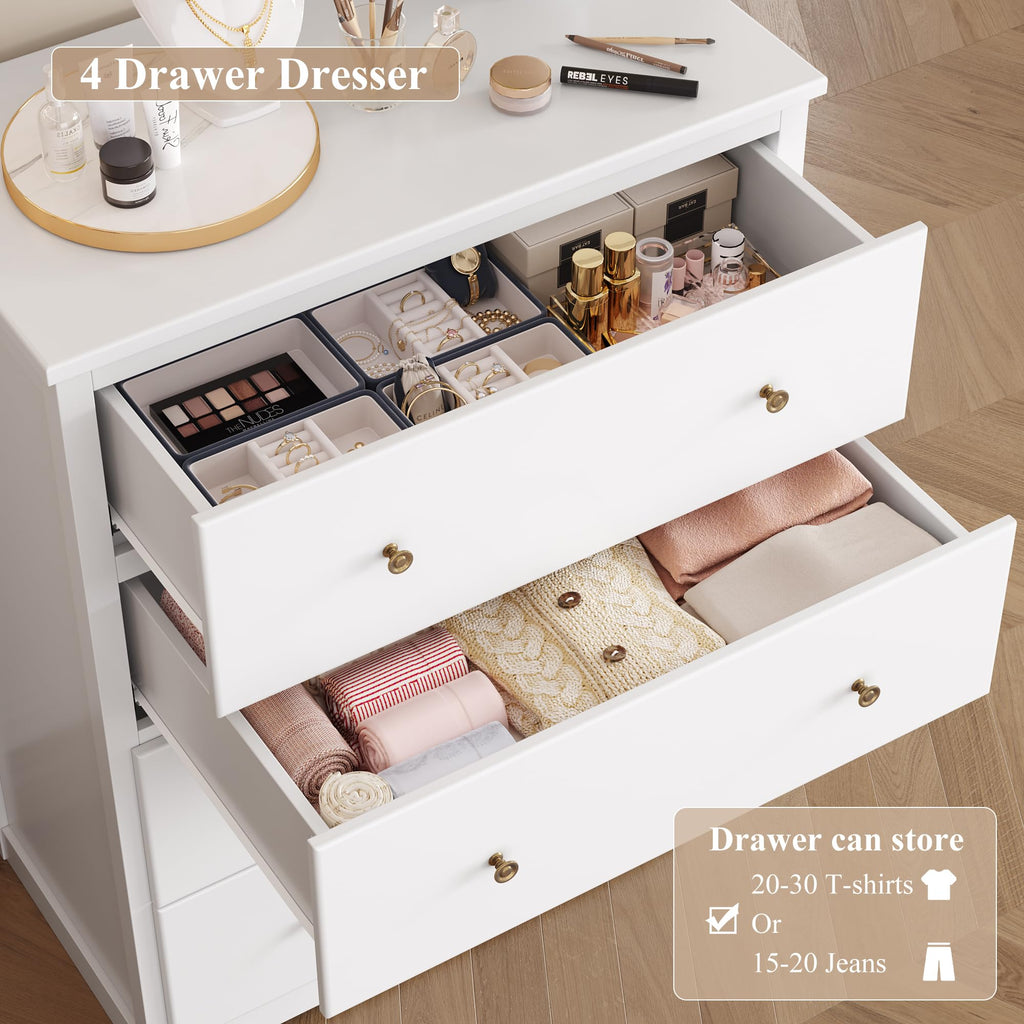 White with 4 Drawers, 29" W Chest of Drawers, Wood | Modern 4 Drawers, Space-Saving Vertical Storage with Large