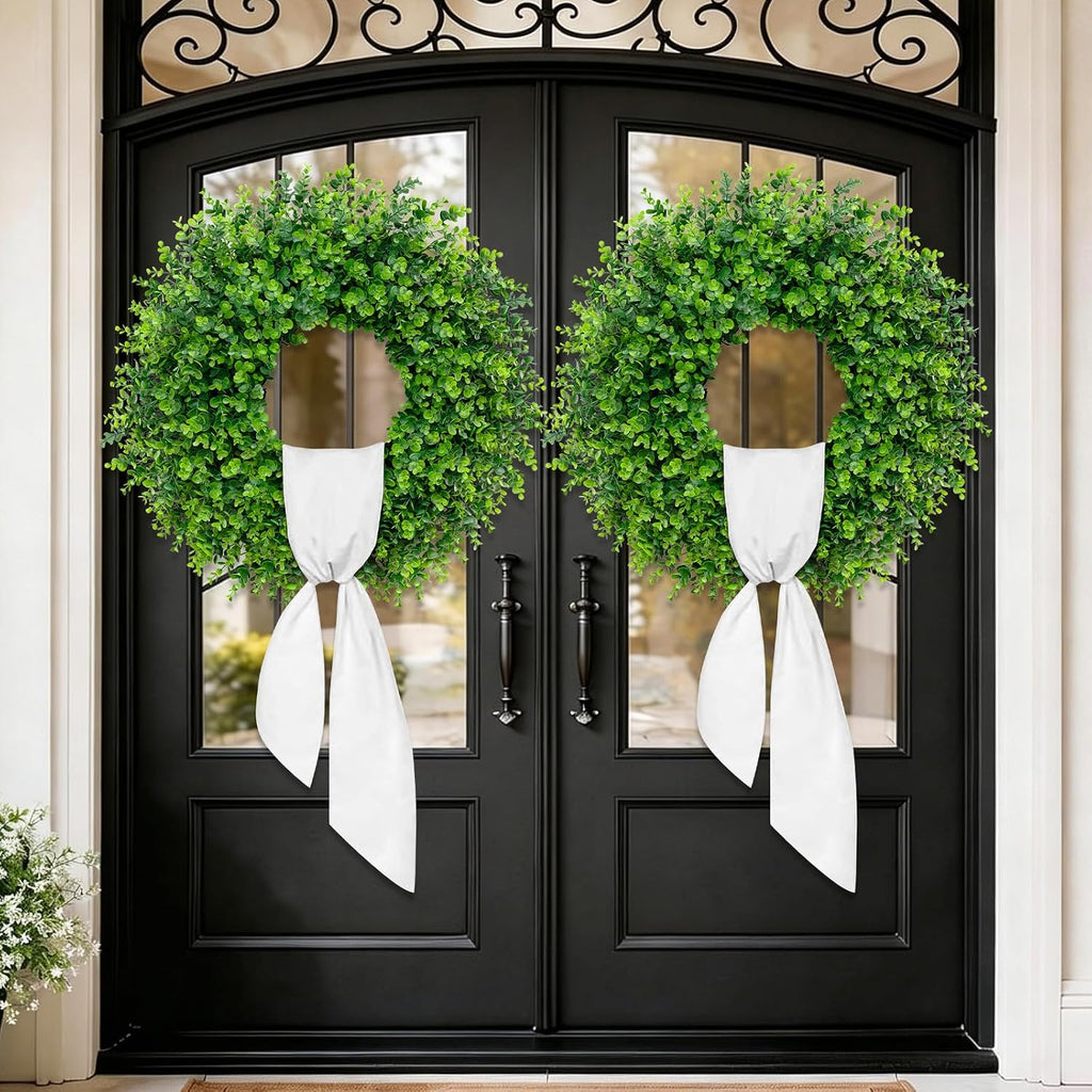 28'' Large Boxwood Wreaths Front Door Artificial Green Spring Wreath with Sash Wreaths for Front Door Farmhouse
