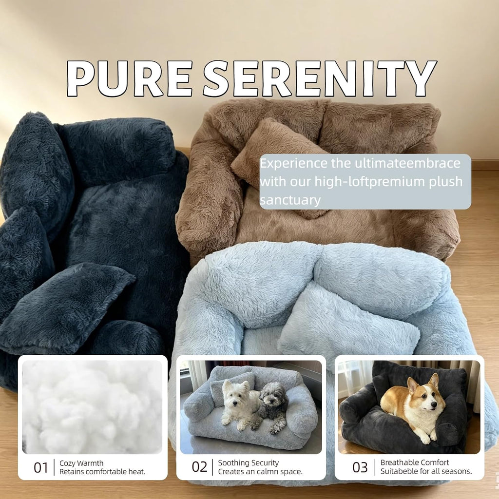 Plush Calming Pet Sofa Bed Fluffy Dog Cat Couch Washable (Khaki, X-Large)