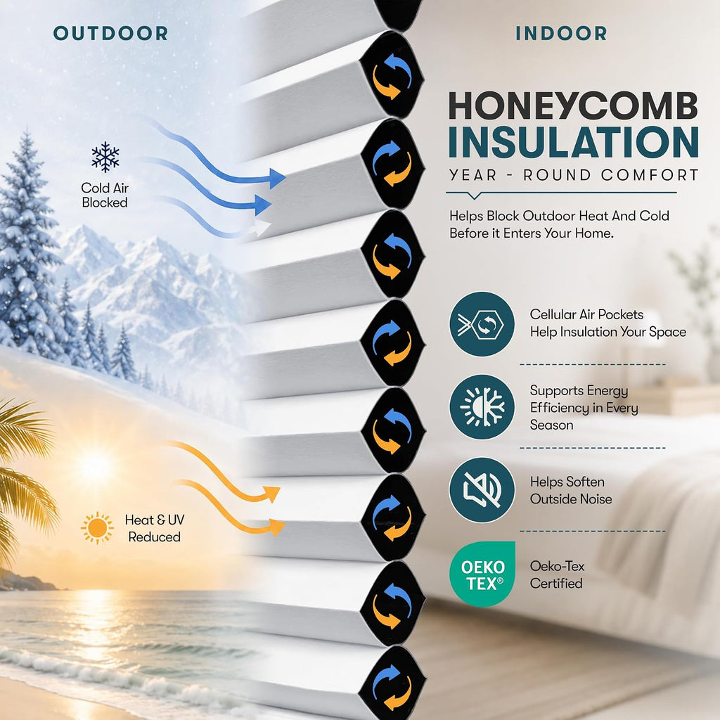 Cellular Cordless Shades for Indoor Windows, No Drill No Tools, Adhesive Mount, Thermal Insulation, Room Darkening