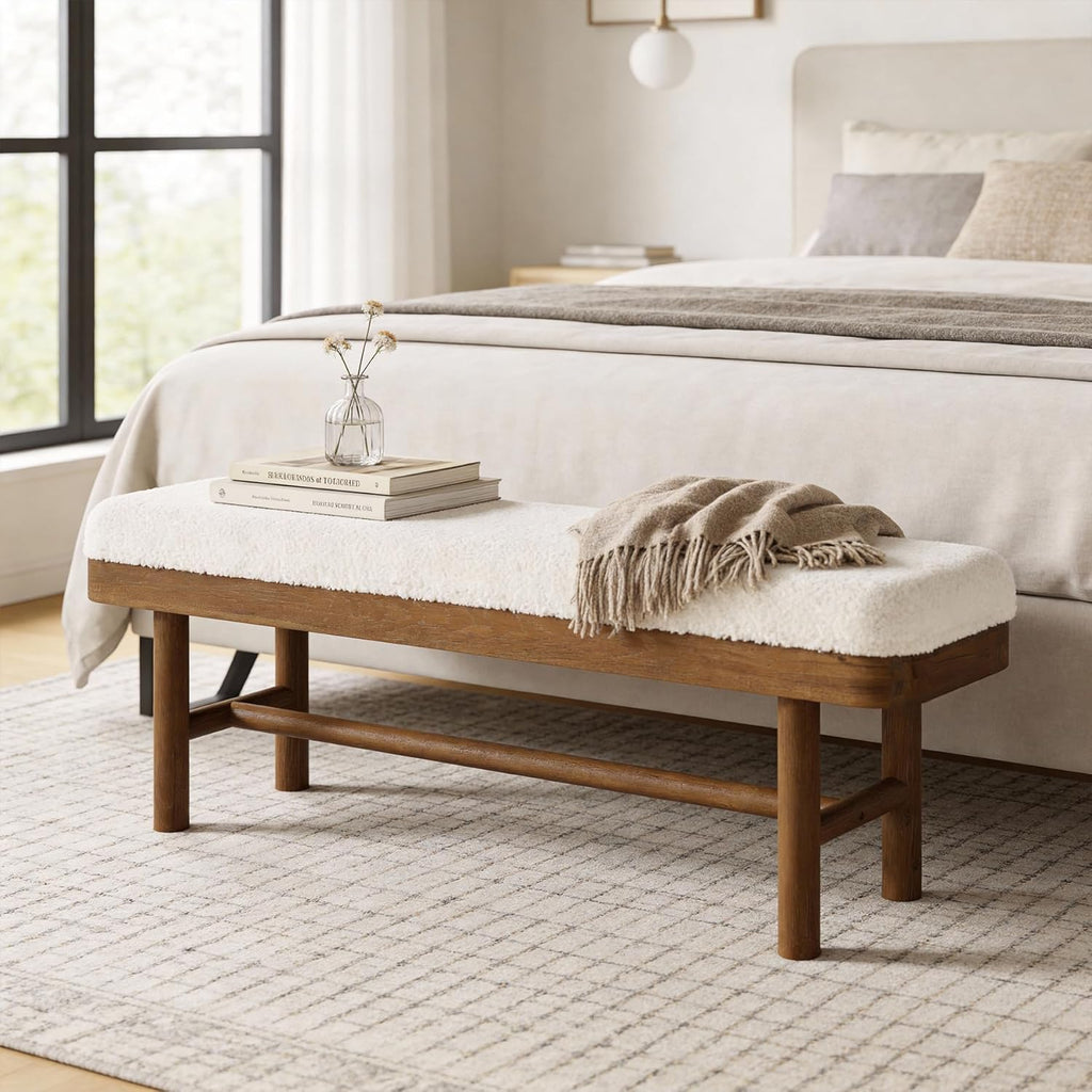 55" Upholstered Bedroom Bench, Solid Wood End of Bed Bench, Modern Indoor Bench with Cushion , White & Brown