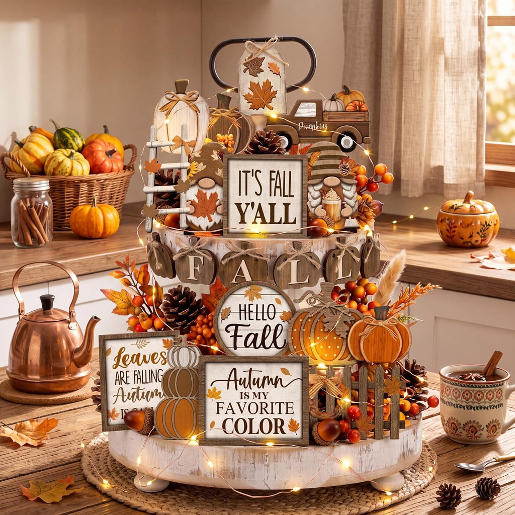 Fall Tiered Tray Decor Set, Thanksgiving Wooden Table Sign - Set of 20