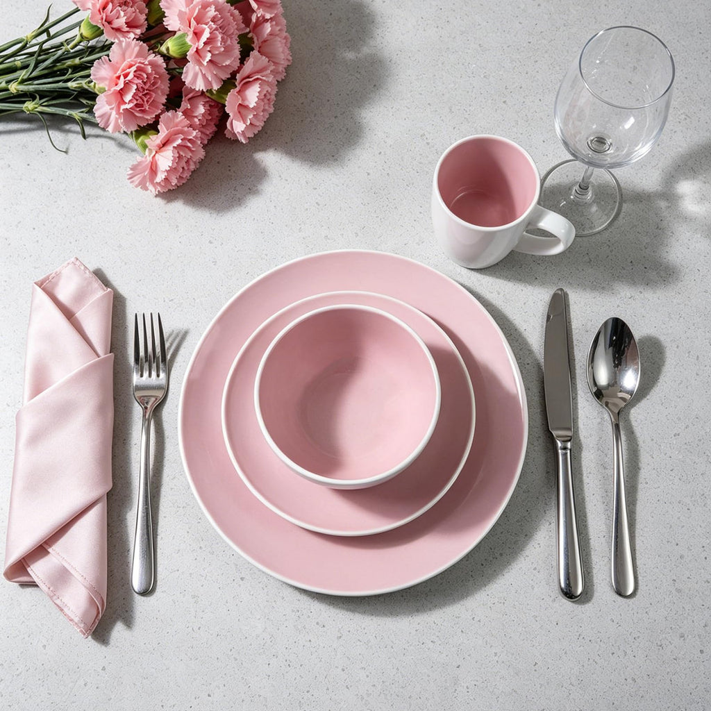 Stoneware Coupe Shape 16pc Dinnerware Set, Outside White + Inside Pink