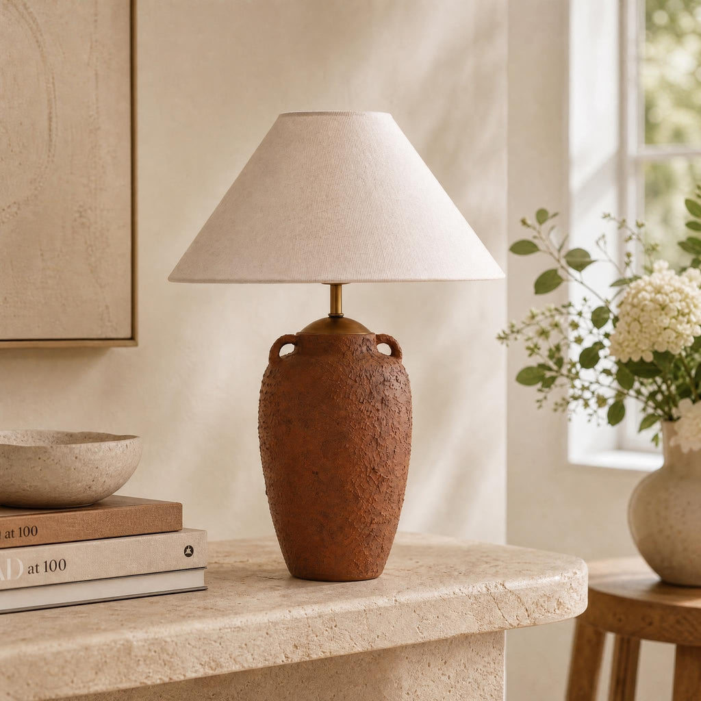 Textured Ceramic Table Lamp with Linen Shade, Rustic Bedside Lamp, Brown