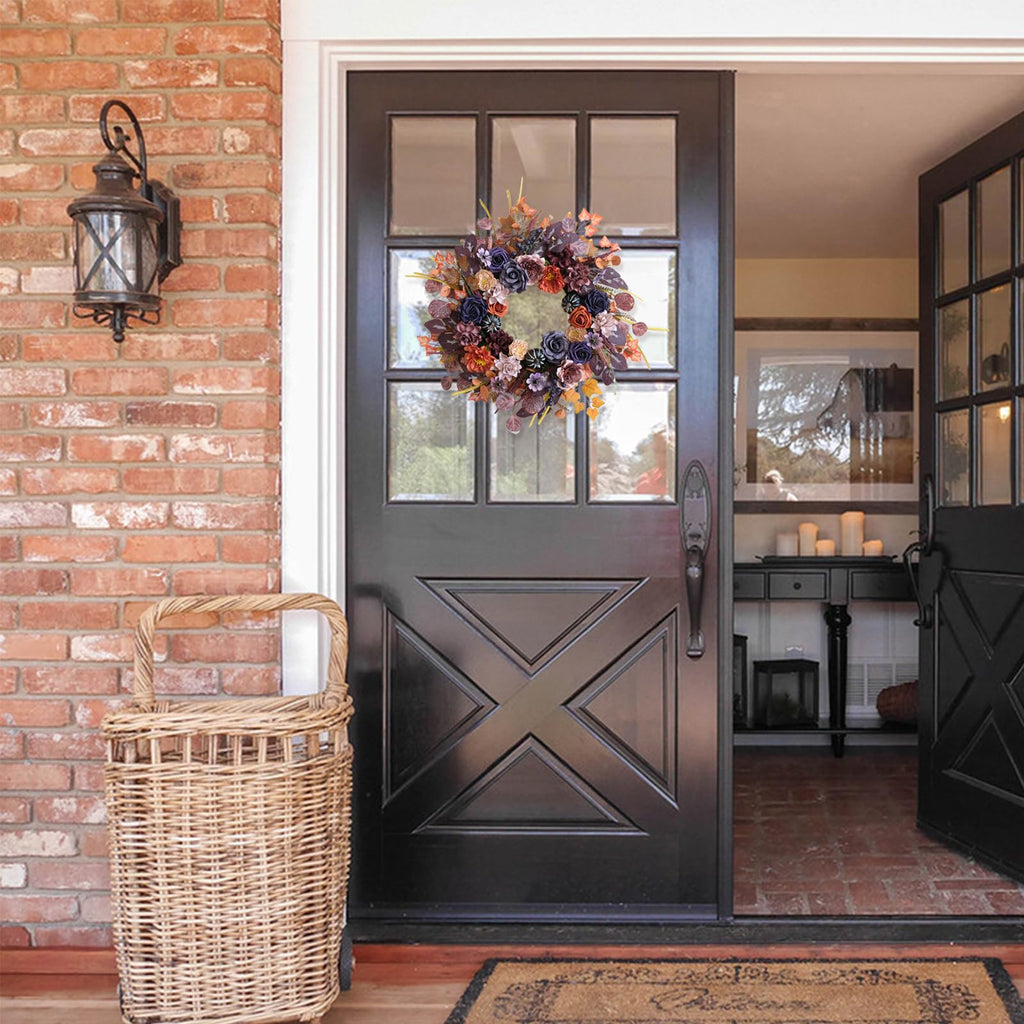 24inch Fall Wreaths for Front Door, Autumn Wreath with Purple Rose Orange Peony Eucalyptus Leaves, Farmhouse Wreaths