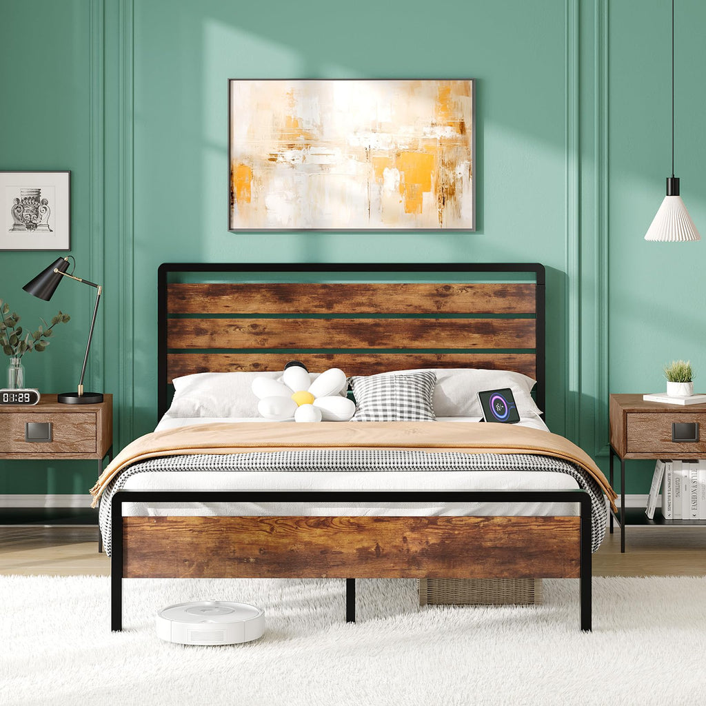 Rustic Bed Frame with Wood Headboard and Footboard, Led Light, 2 AC 2 USB 1 Type-C Charging Ports, 12-Inch