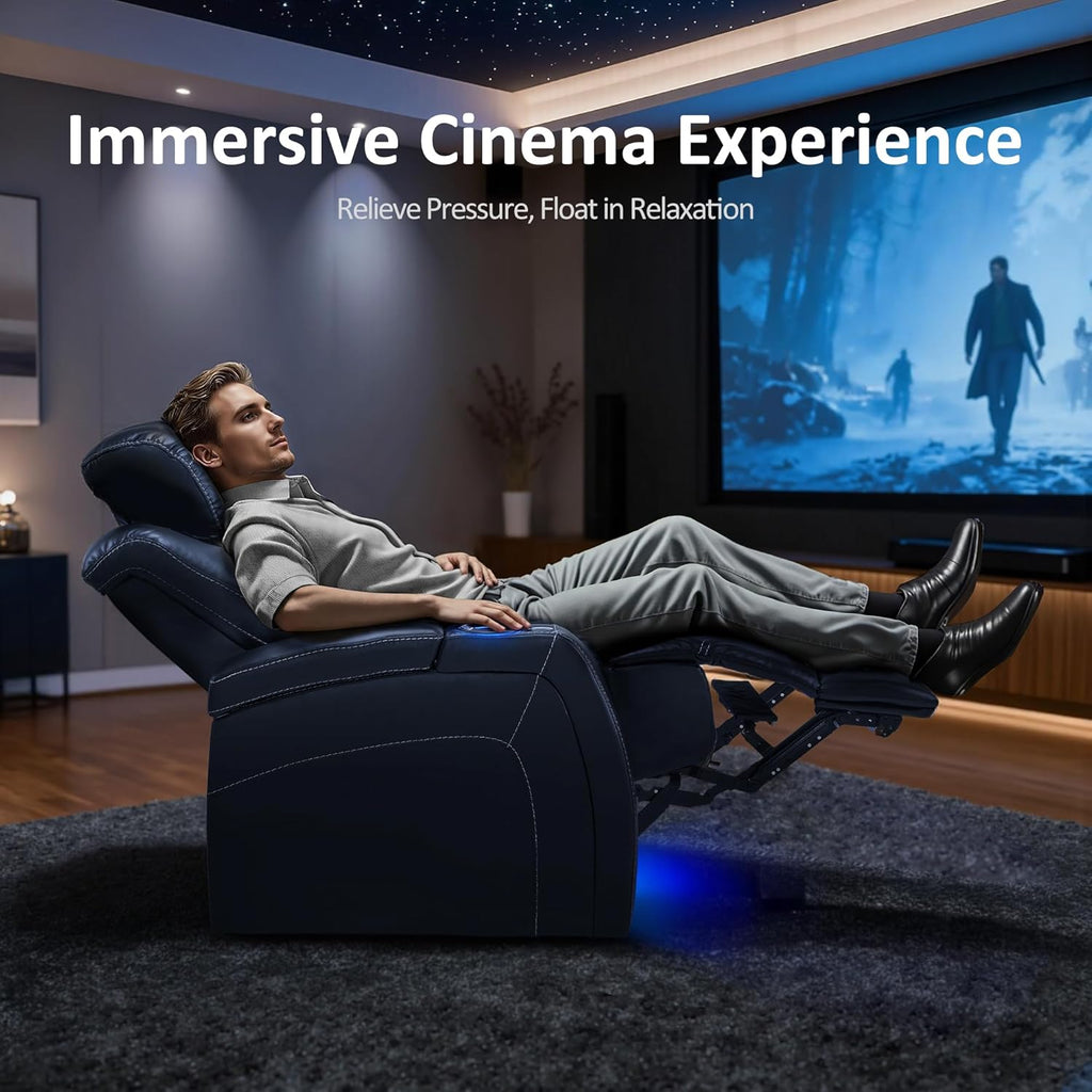 MCombo Dual Motors Leather Recliner with Power Headrest, Home Theater Seating with Armrest Storage HTS422 (Blue)