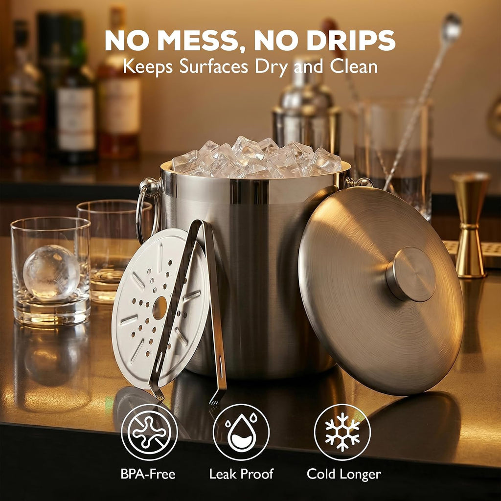 Insulated Ice Bucket With Lid, Tongs & Strainer - 3 Liter Premium Stainless Steel Ice Bucket for Cocktail Bar, Keeps
