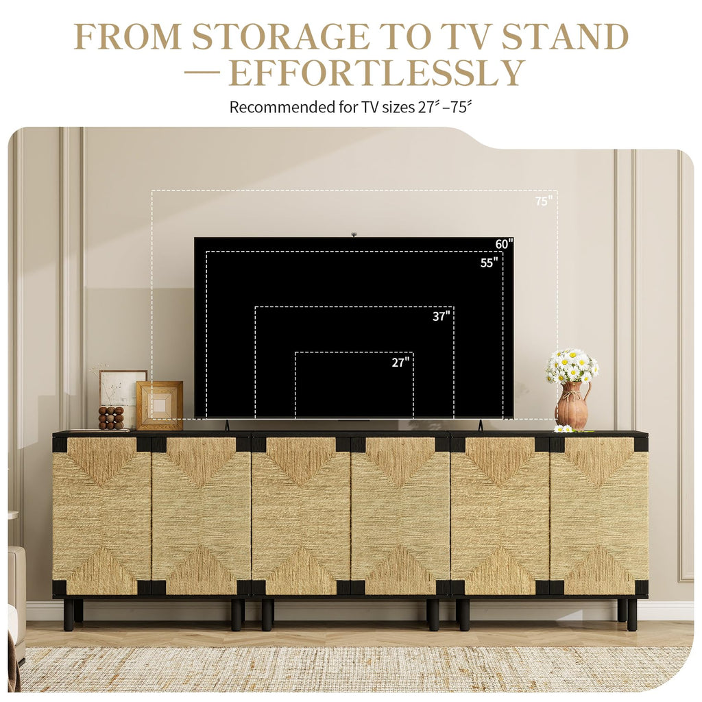 Sideboard Buffet Cabinet with Storage, Boho Accent Cabinet with Seagrass Doors & Adjustable Shelf, Mid-Century Modern