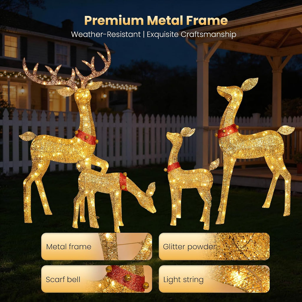 Christmas Deer Outdoor Decorations - 4 Piece 3D Lighted Deer Family Set with 245 LED Lights, Yard Christmas Decor