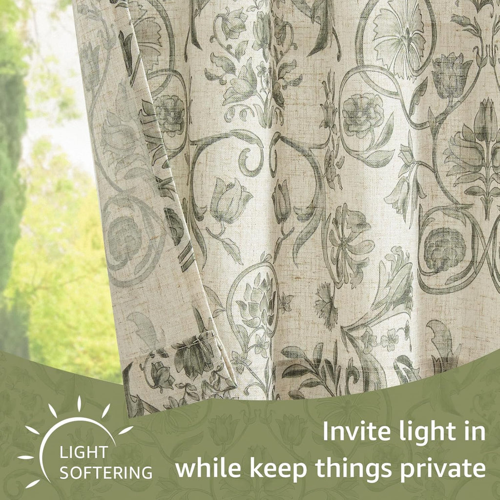 Small Window Curtains 36 Inch Linen Floral Curtain Set for Kitchen Bathroom Cafe Curtains Light Filtering Window