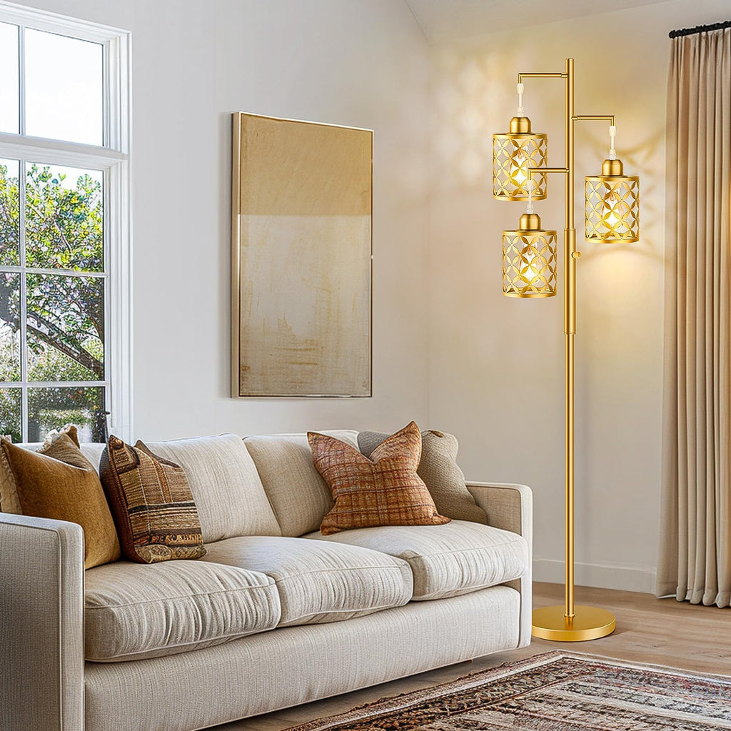 72" Modern Tree Floor Lamp, Dimmable Industrial Tall Standing Lamp with Metal Cages & Rotary Dimmer Knob, Corner
