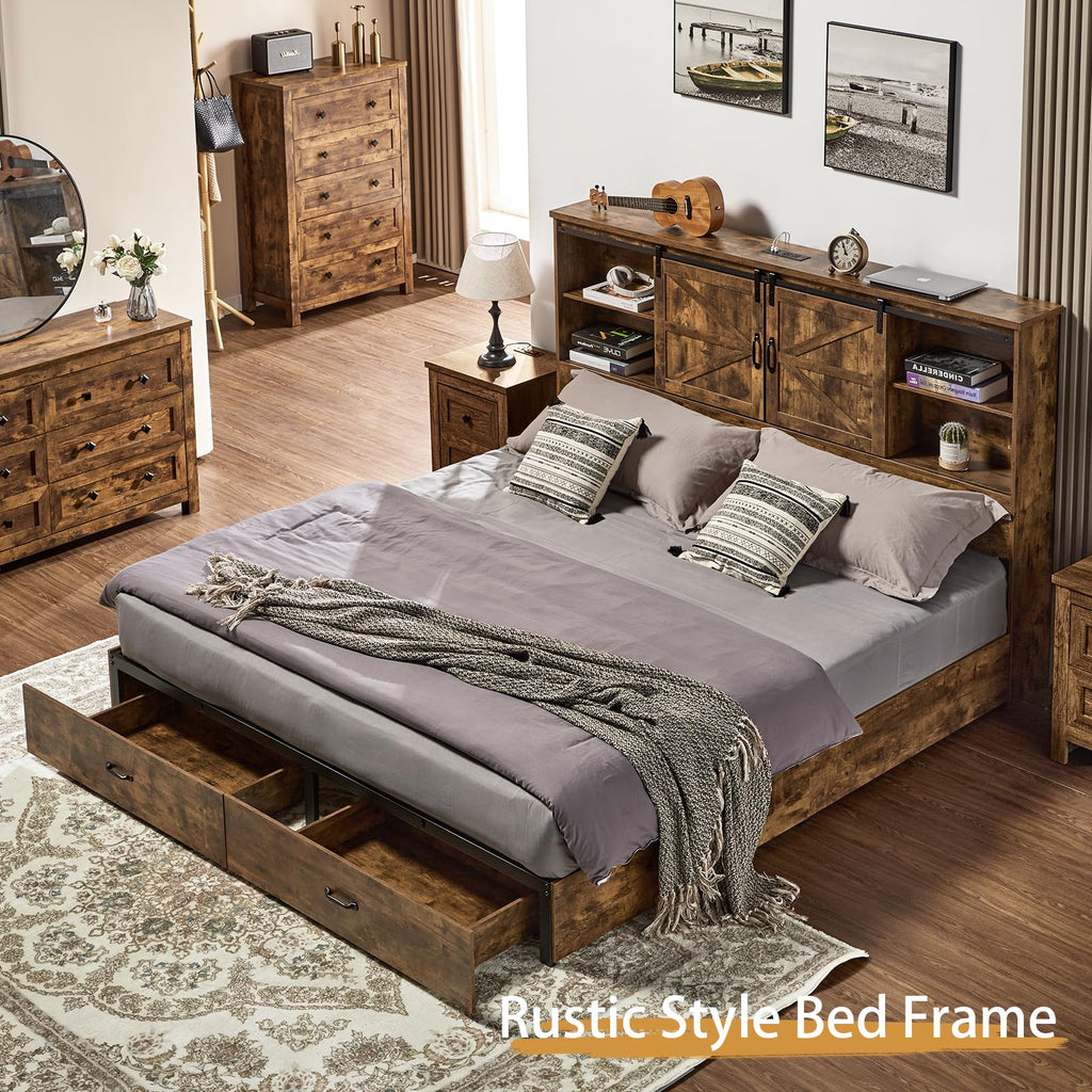 Bed Frame, Wooden Platform Storage Bed with 51.2" Bookcase Headboard, 2 Drawers, Charging Station/No Box