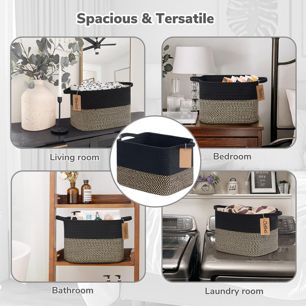 Woven Storage Basket for Shelves, Rectangle, Black & Jute