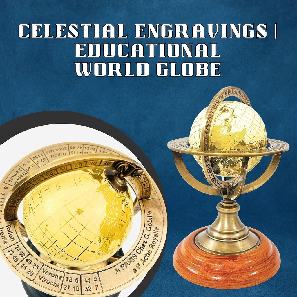 5.10" Nautical Brass Armillary Sphere World Globe with Light Lime Green Map, Natural Brown Wooden Base - Elegant