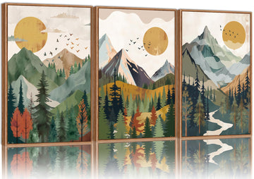 Boho Mountain Framed Canvas Wall Art, Mid Century Modern Wall Decor, Watercolor Sun Forest Woodland Posters, Sage