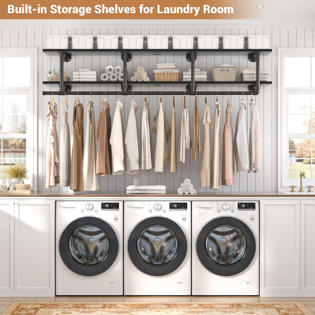 Industrial Pipe Clothing Rack, Wall Mounted Closet Shelf with Rod
