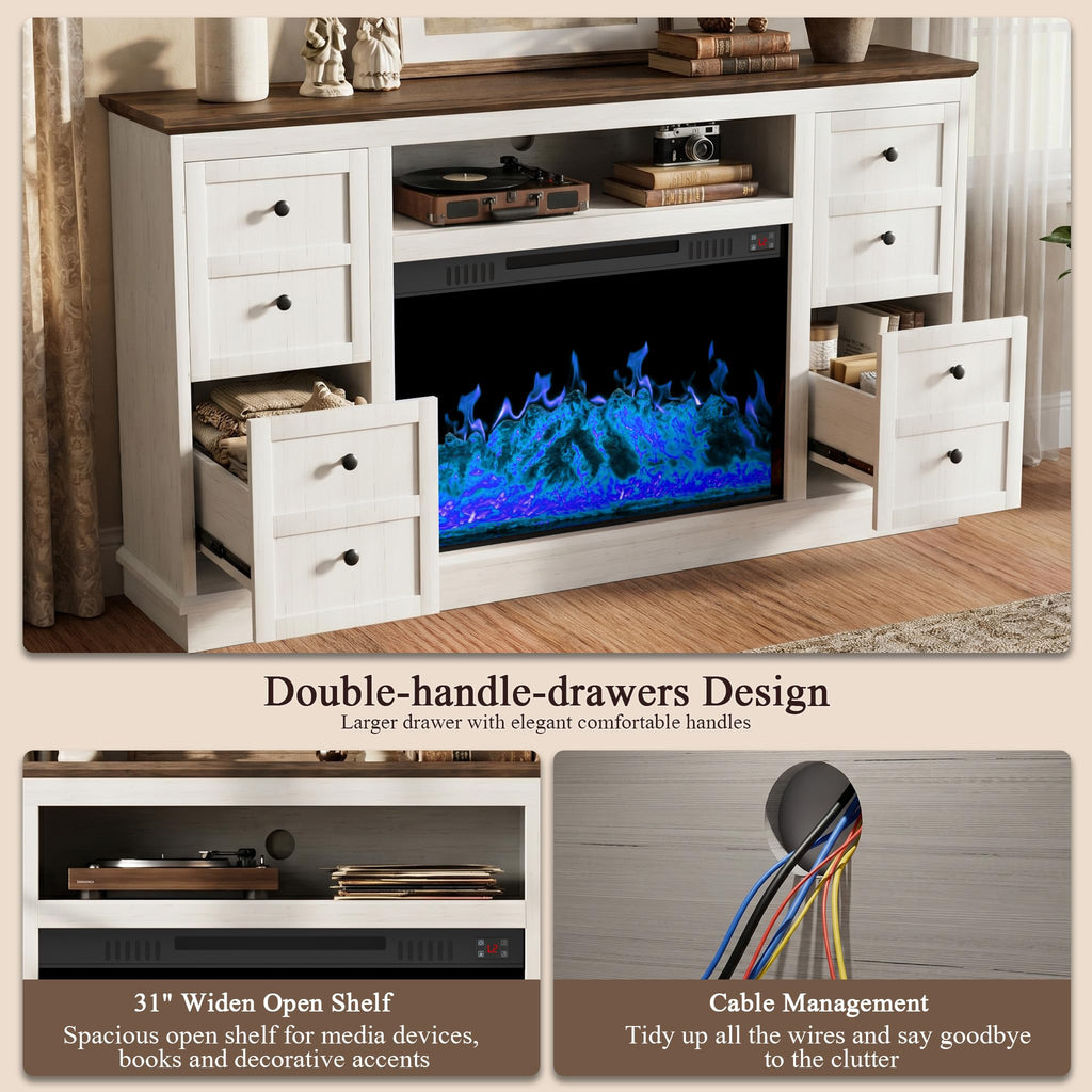 62" Farmhouse Fireplace TV Stand for up to 75" TV, White