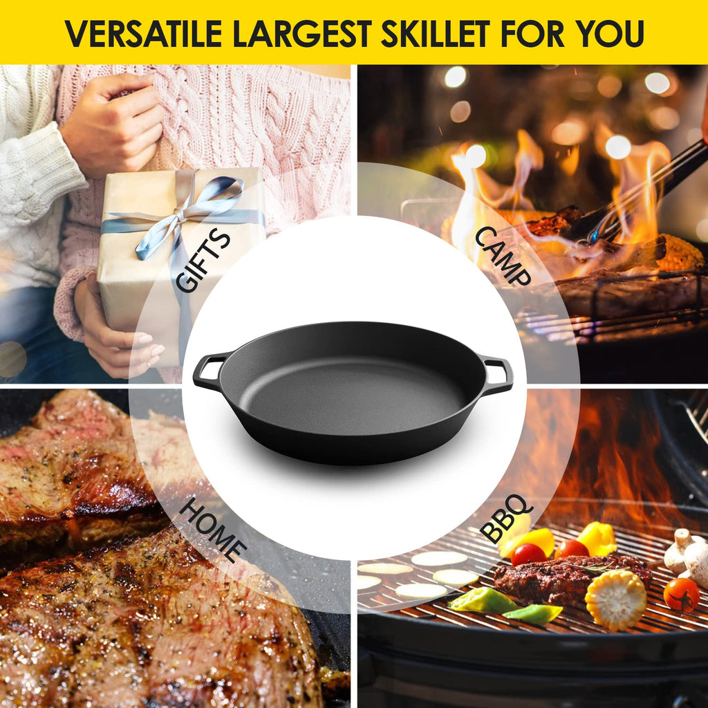 Pre-Seasoned Large Cast Iron Skillet 17 Inch, Dual Handle Outdoor Camping Frying Pan, Pizza Pan, Use for Grill