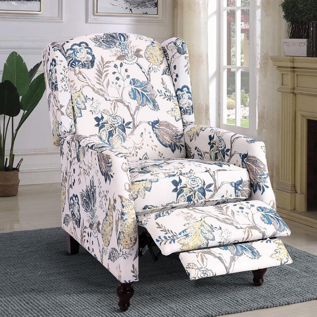 Mid Century Modern Wingback Recliner Chair for Adults, Push Back Upholstered Accent Chair with Floral Fabric, Manual