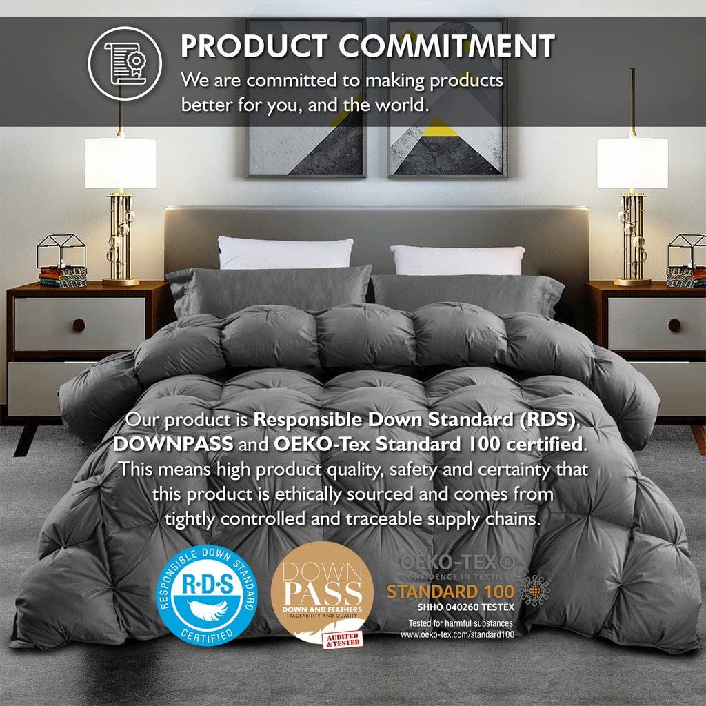 Luxurious Queen Size Goose Down Feather Fiber Comforter Duvet Insert, 100% Egyptian Cotton Cover, 60 oz. Fill Weight