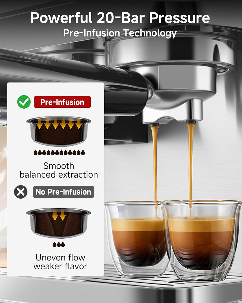 Espresso Machine with Grinder,20 Bar,44 Grind Setting,Milk Frother | Stainless Steel Coffee Maker , Temp Control