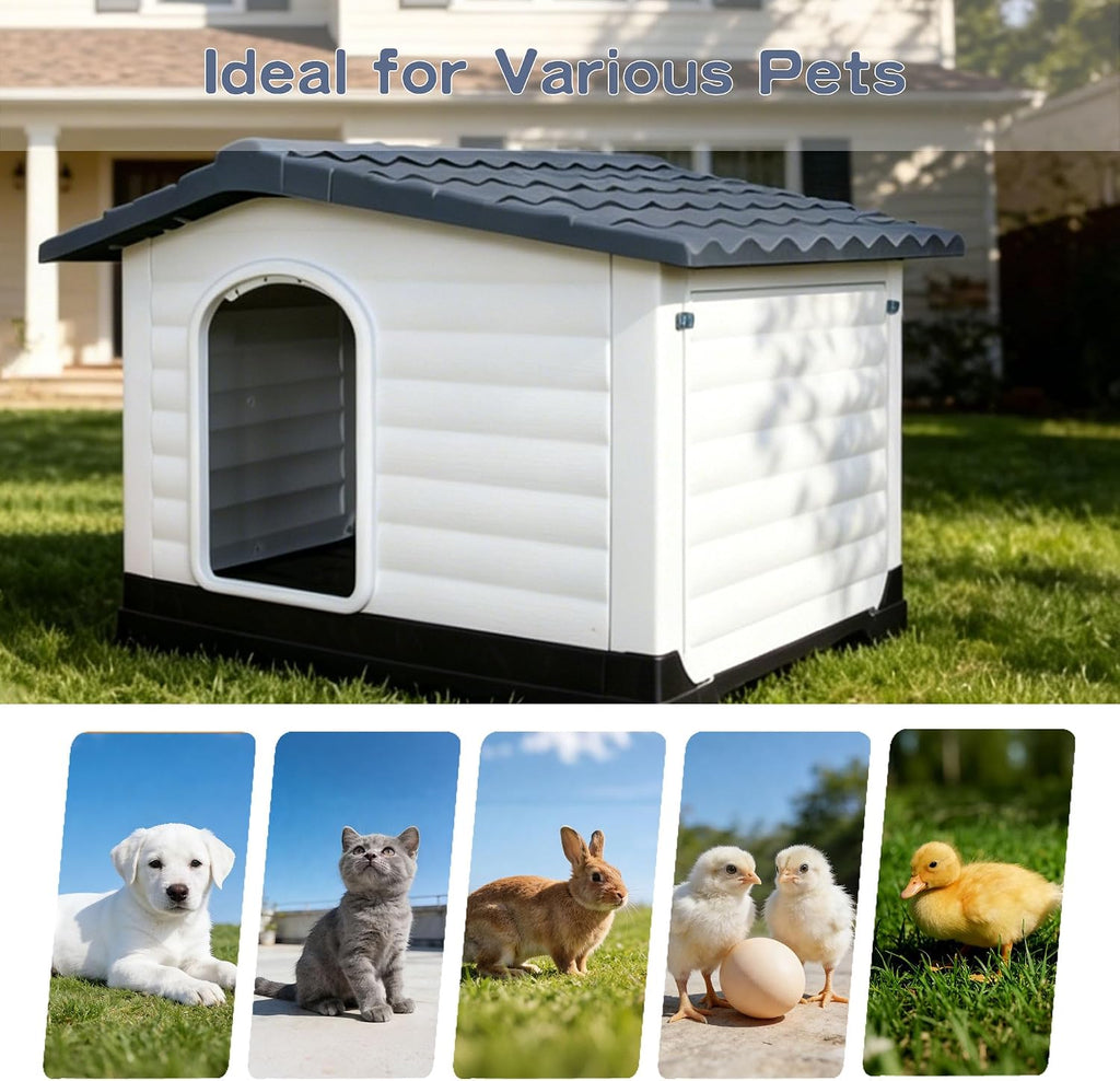 2-Door Small Dog House for Indoor and Outdoor Dog House with Fold-Out Porch Elevated Base, Waterproof Pet House