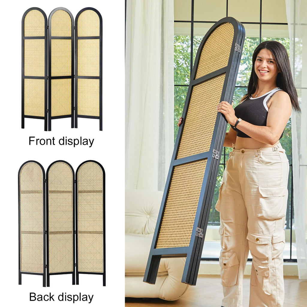 Room Divider and Folding Privacy Screens, Pine Wood 5.6 Ft Double Hinged Rattan Partition Freestanding Wall Room