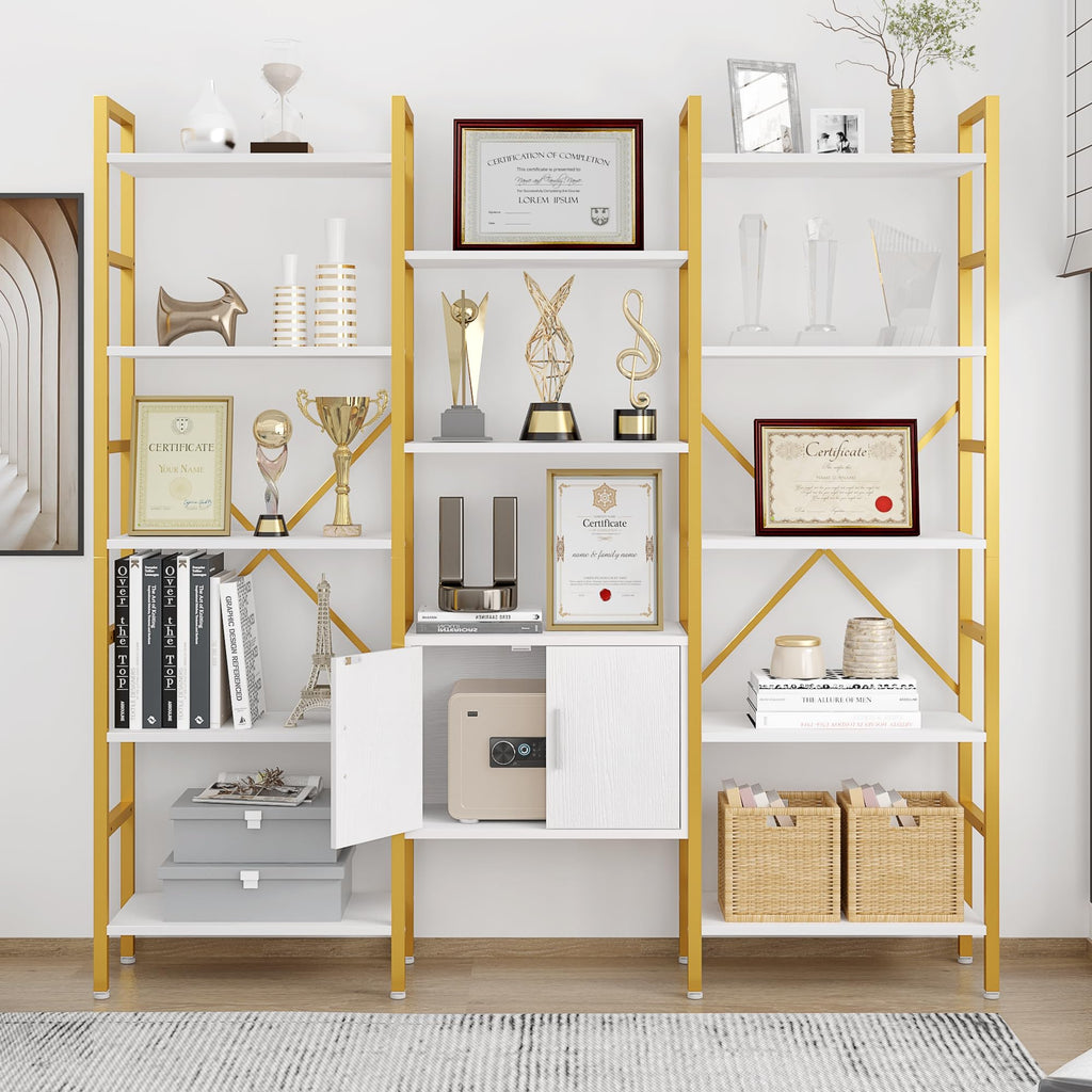 Bookshelf Triple Wide 5 Tier Bookcases with Storage Cabinet, Industrial Large Modern Tall Bookshelves with 12 Open