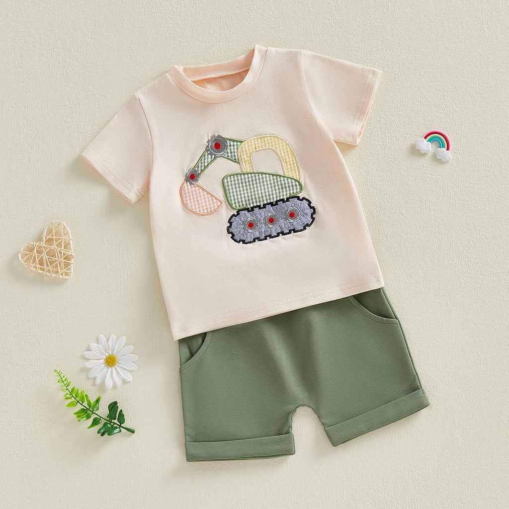 Toddler Baby Boy Summer Clothes Excavator Embroidery Short Sleeve T-Shirt Elastic Waist Shorts Set 2 Piece Outfit