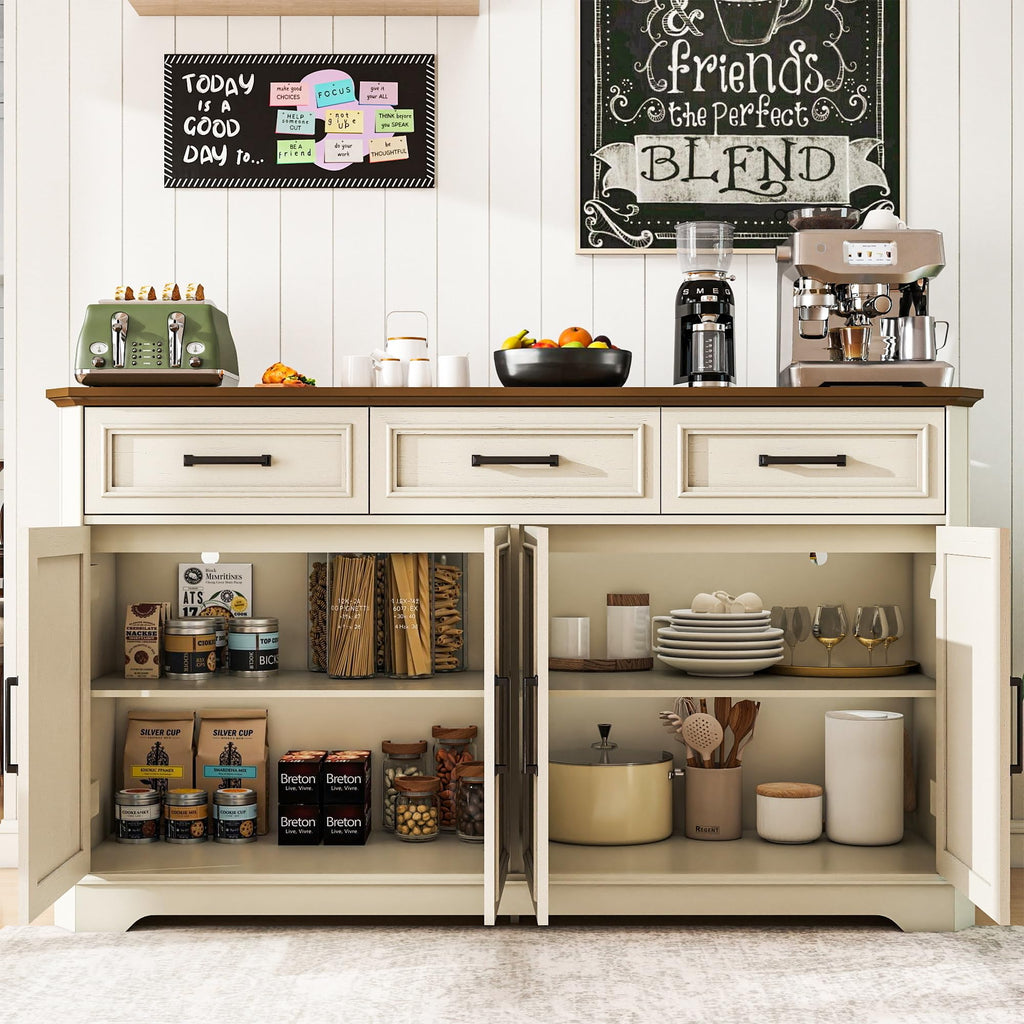 64" Farmhouse Sideboard Buffet Cabinet, Antique White Credenza