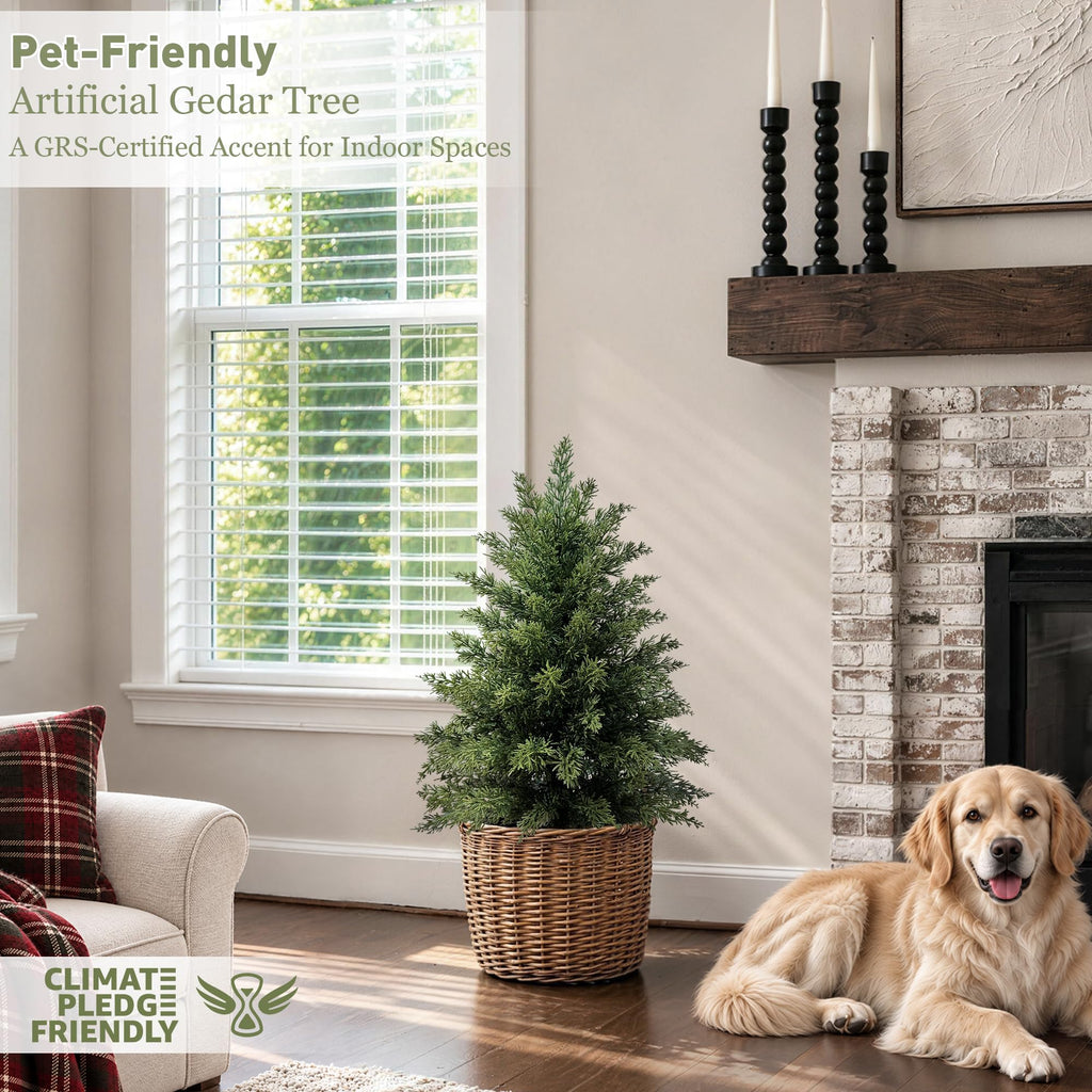 2ft Artificial Cedar Topiary Tree, Set of 2 Realistic Faux Evergreen Shrub Plant in Planter, Indoor Outdoor Fake