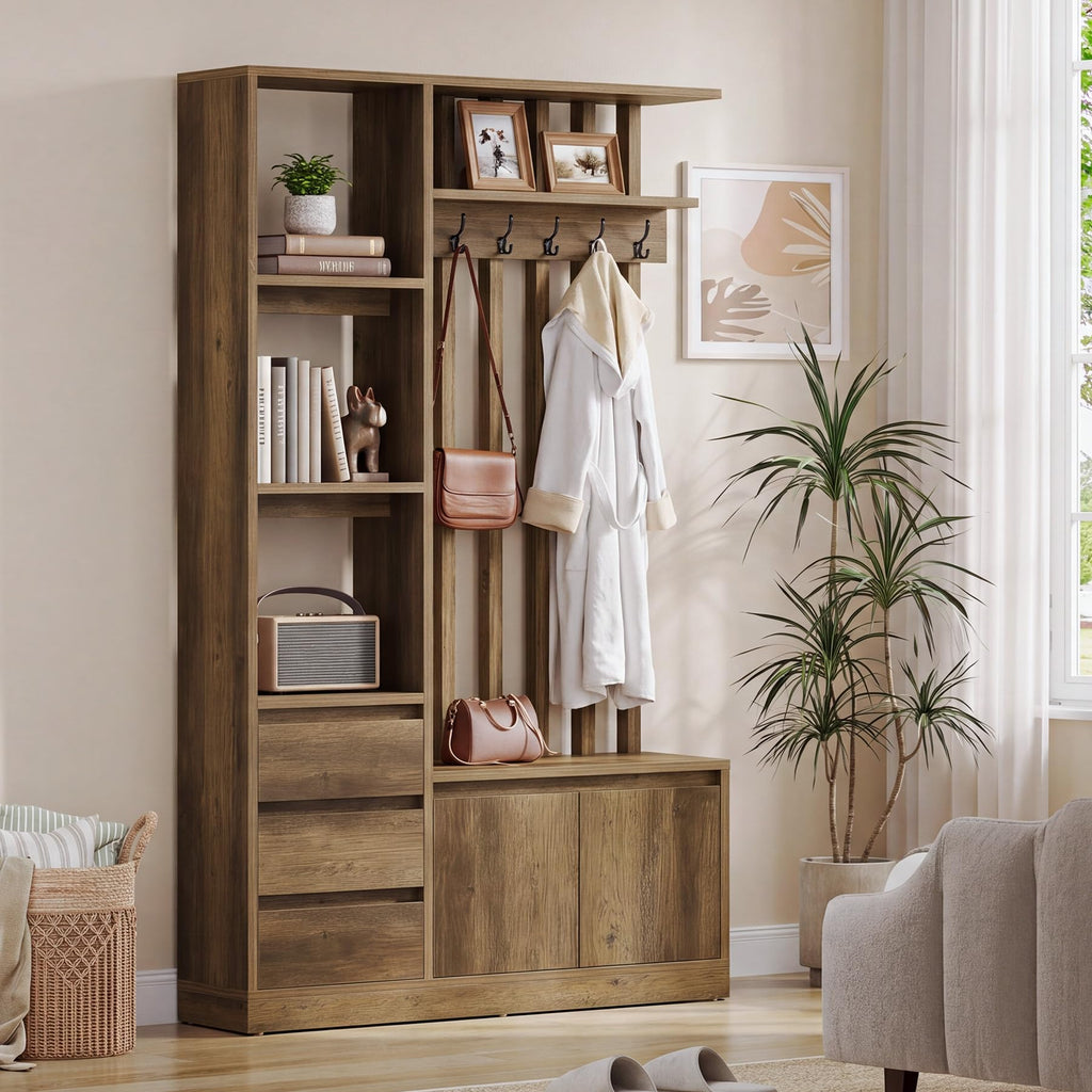 Hall Tree with Bench and Shoe Storage, Farmhouse Entryway Bench