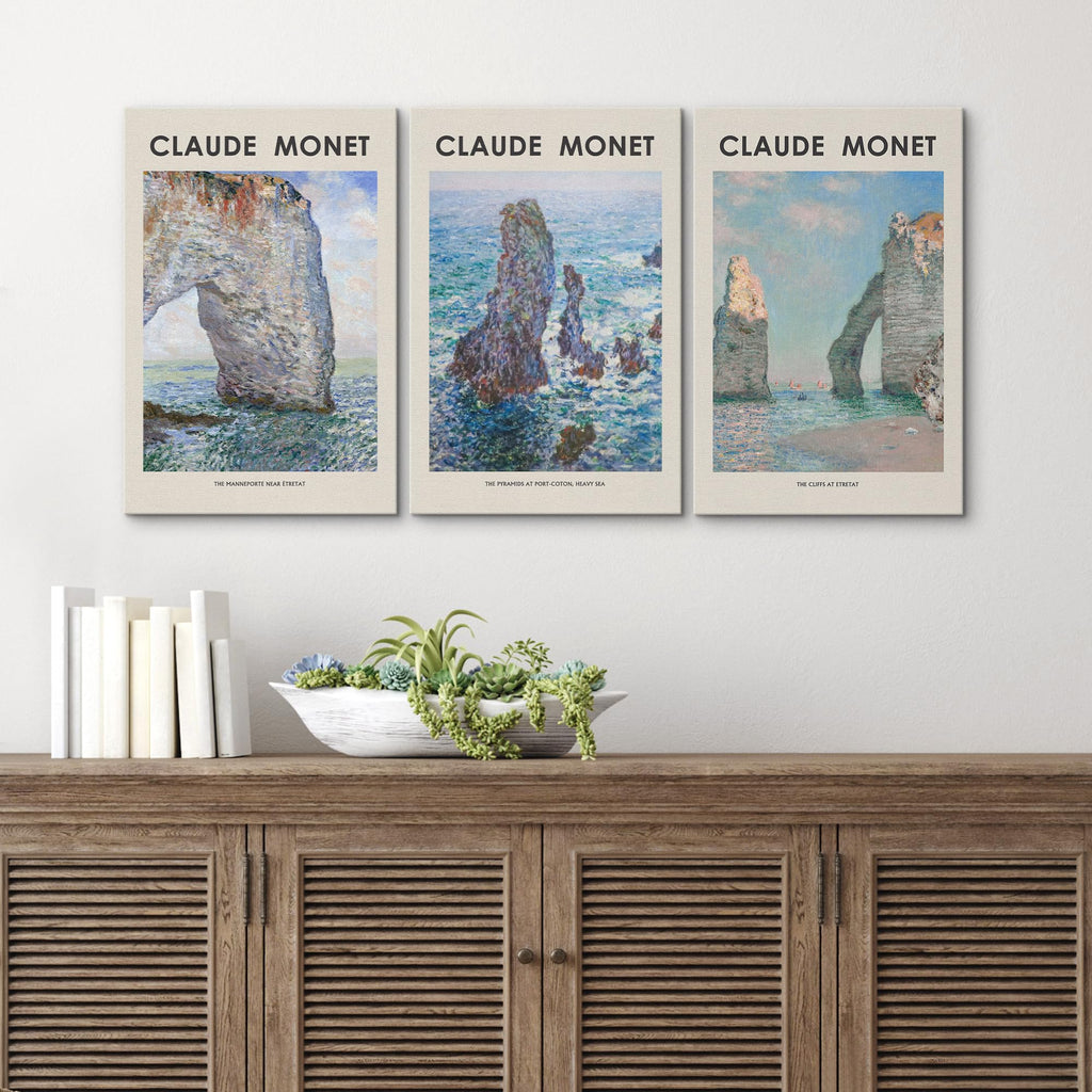 Canvas Wall Art Print Set Beach Ocean Cliffs in France by Claude Monet Nature Wilderness Illustrations Modern