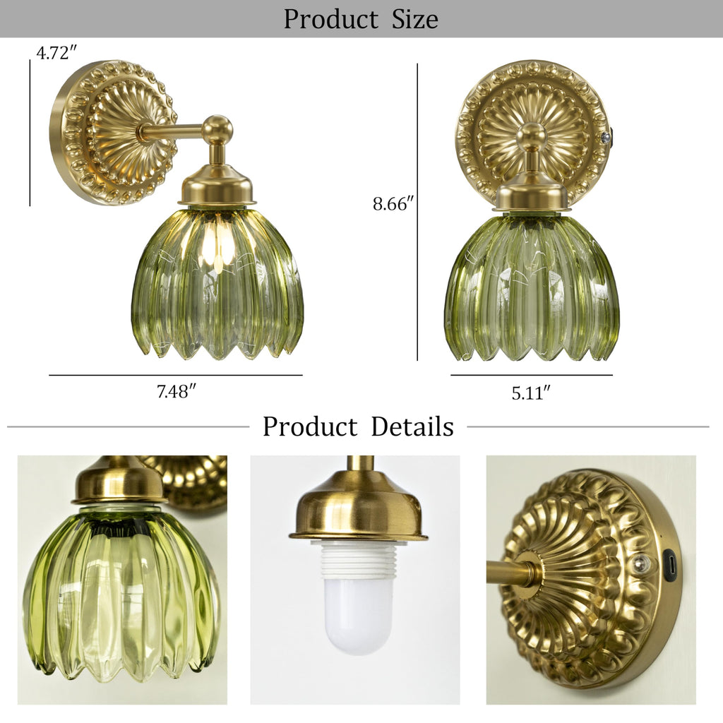 Battery Operated Wall Sconce, Vintage Wall Light, 2 Pack, Green Tulip Glass