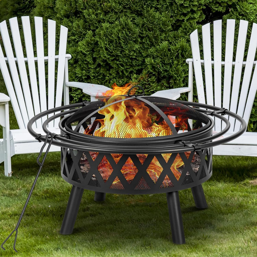 36 Inch Wood Burning Fire Pit with 2 Loops, Outdoor Fire Pit with Spark Screen & Fire Poker