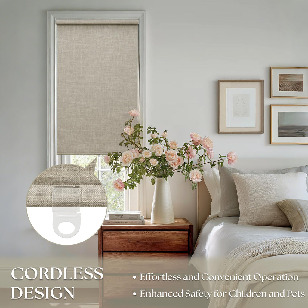 100% Blackout Roller Shades Cordless Blinds for Windows Free-Stop Thermal Insulated Black Out Linen Roller Shades