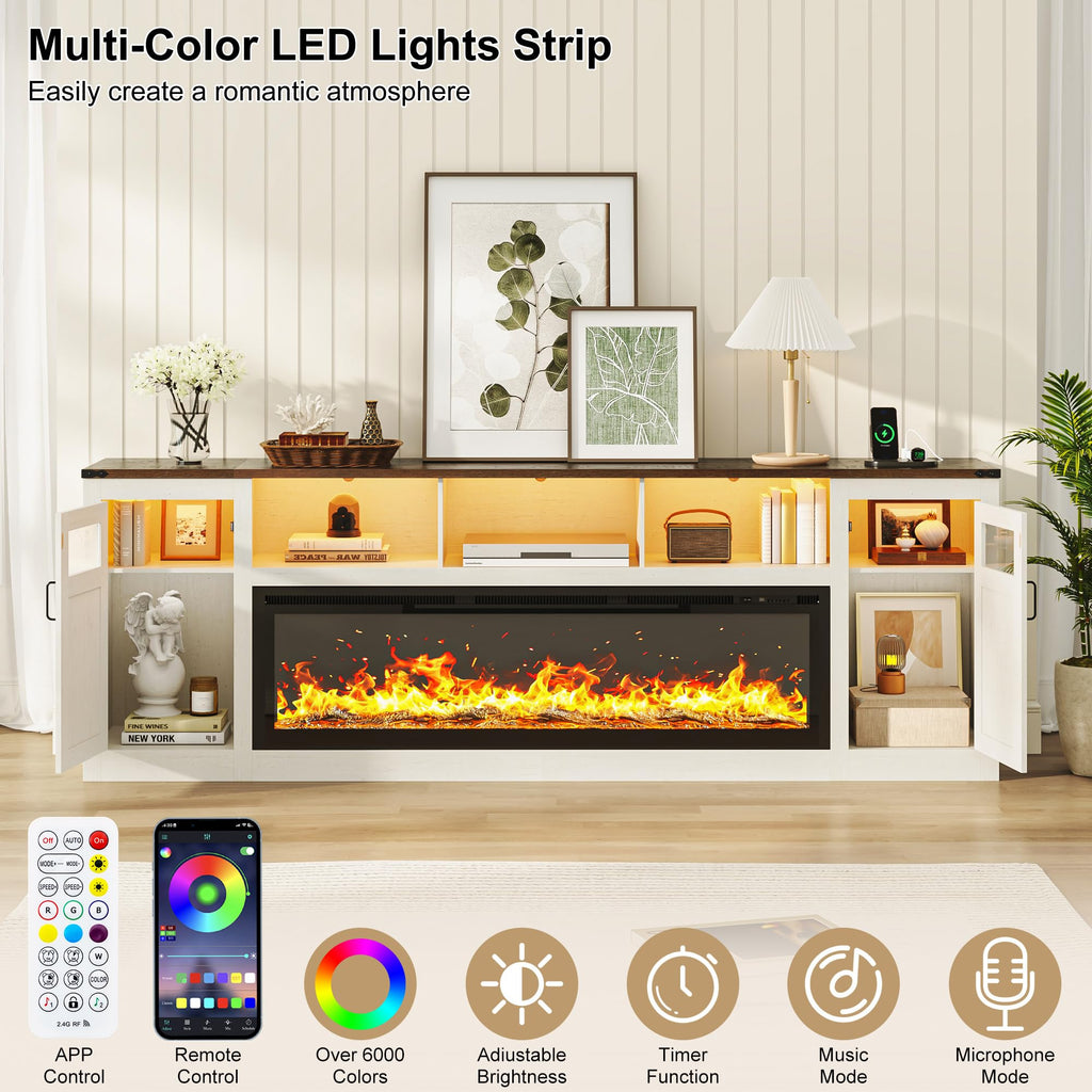 95" Fireplace TV Stand, Farmhouse Entertainment Center for 100" TV, White