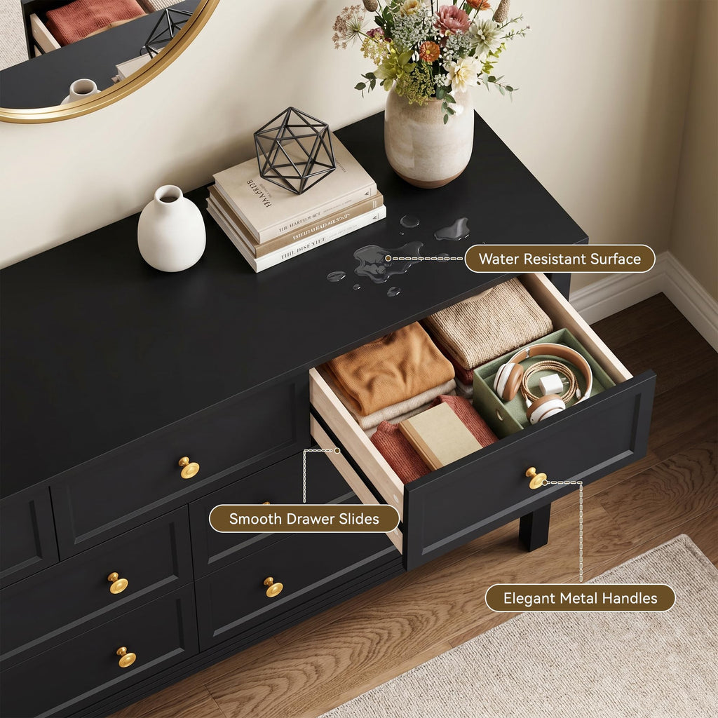Black Dresser with Gold Handle Modern 7 Drawer Dresser, Wood Chest of Drawer Closet Clothes Storage Organizer, TV