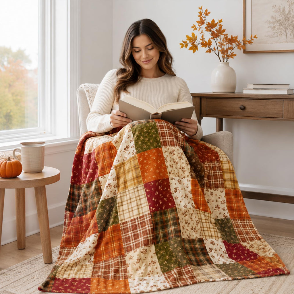 Fall Fuzzy Flannel Blanket, Patchwork Style, 60 x 50 Inch